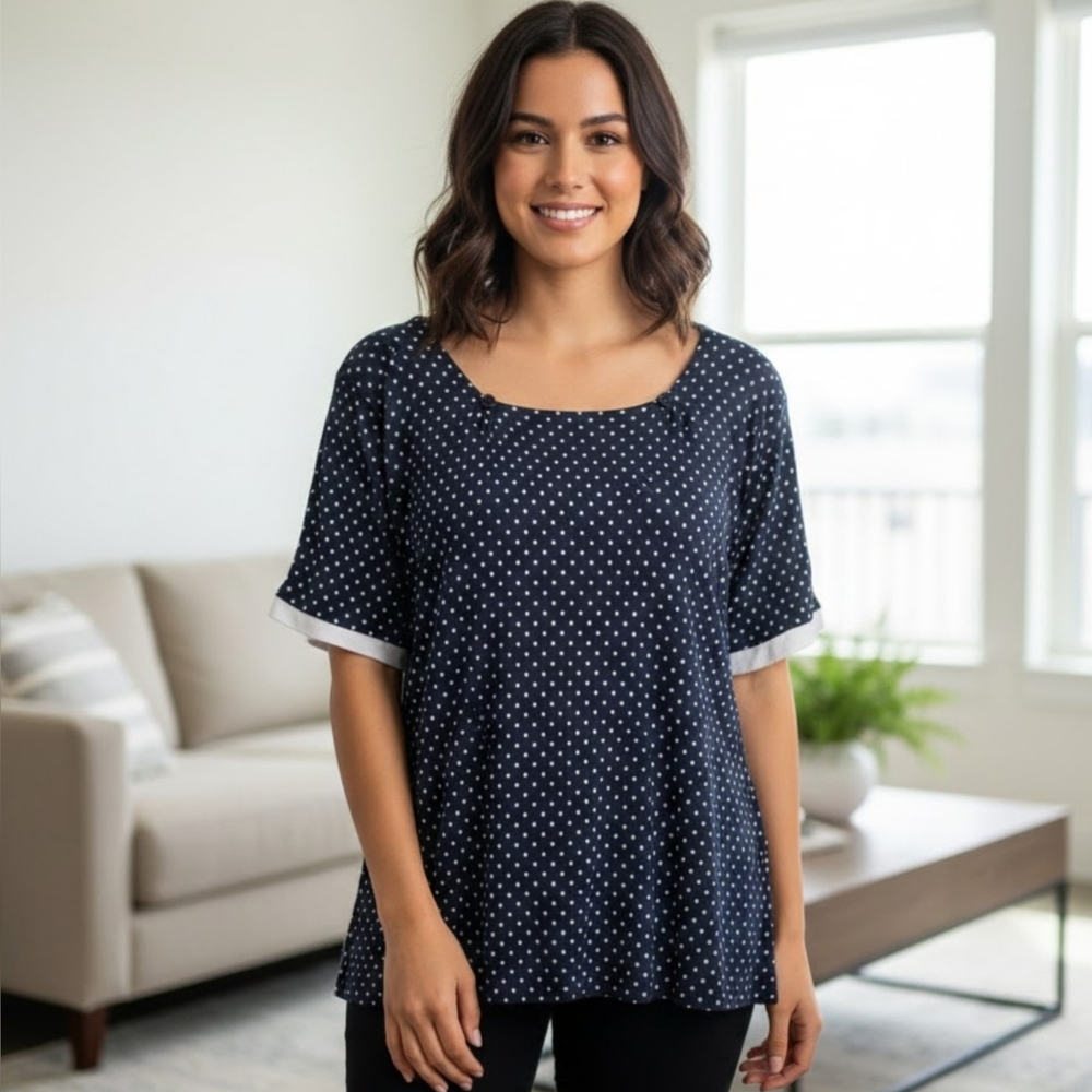 Carroll Reed Navy & White Polka Dot Top - Contrast Cuff Detail-size XL
